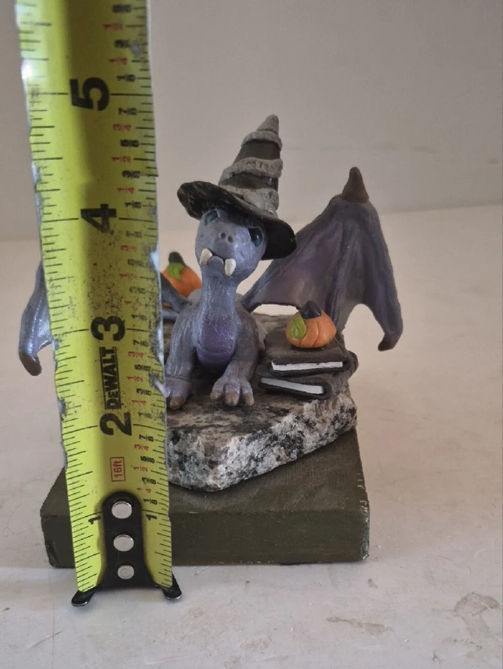 Lavender Dragon Figurine Wearing Witch Hat with Books And Pumpkins